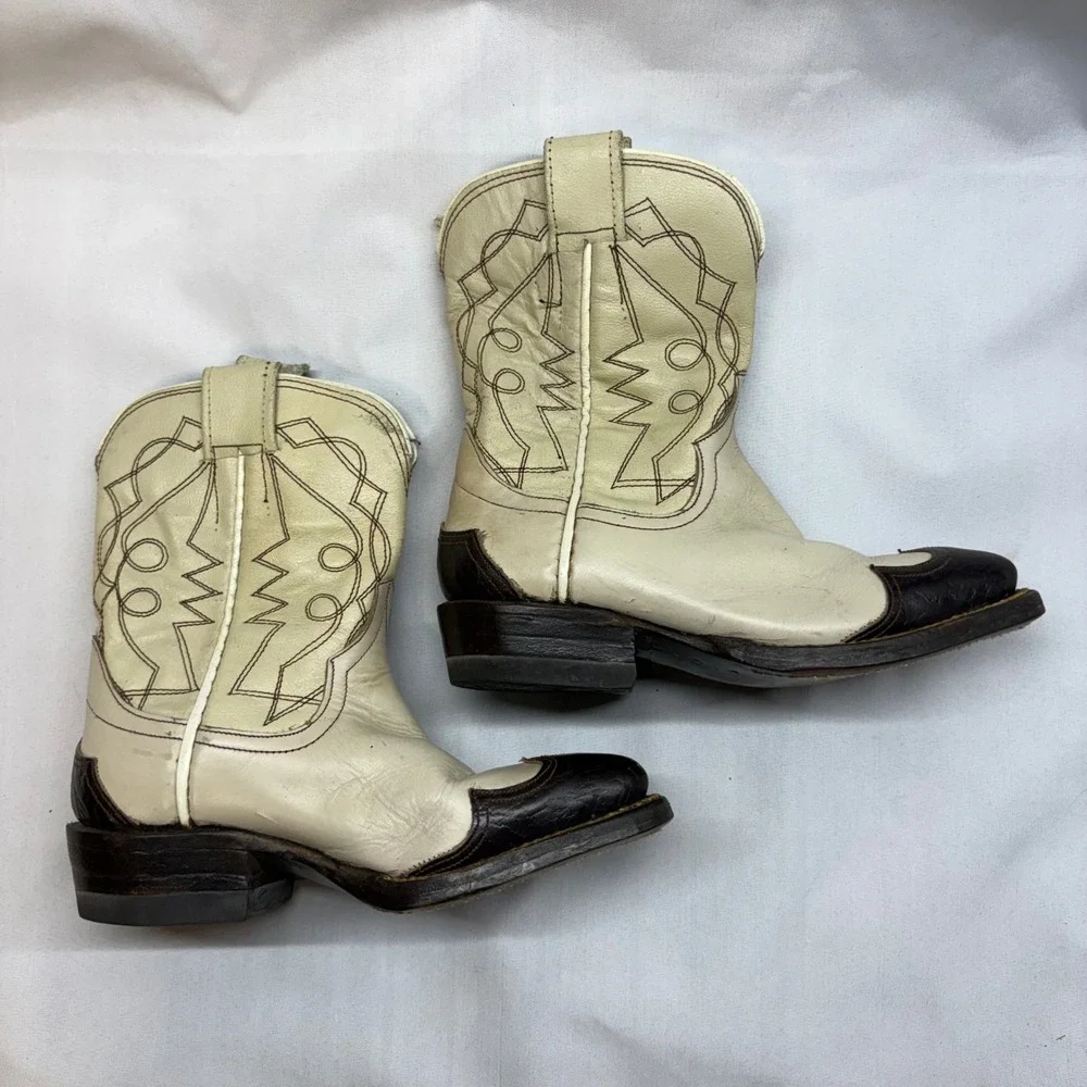 Cutter Bill Western World Boots Kids 7D Cream Brown Vintage Leather Cowboy Fair